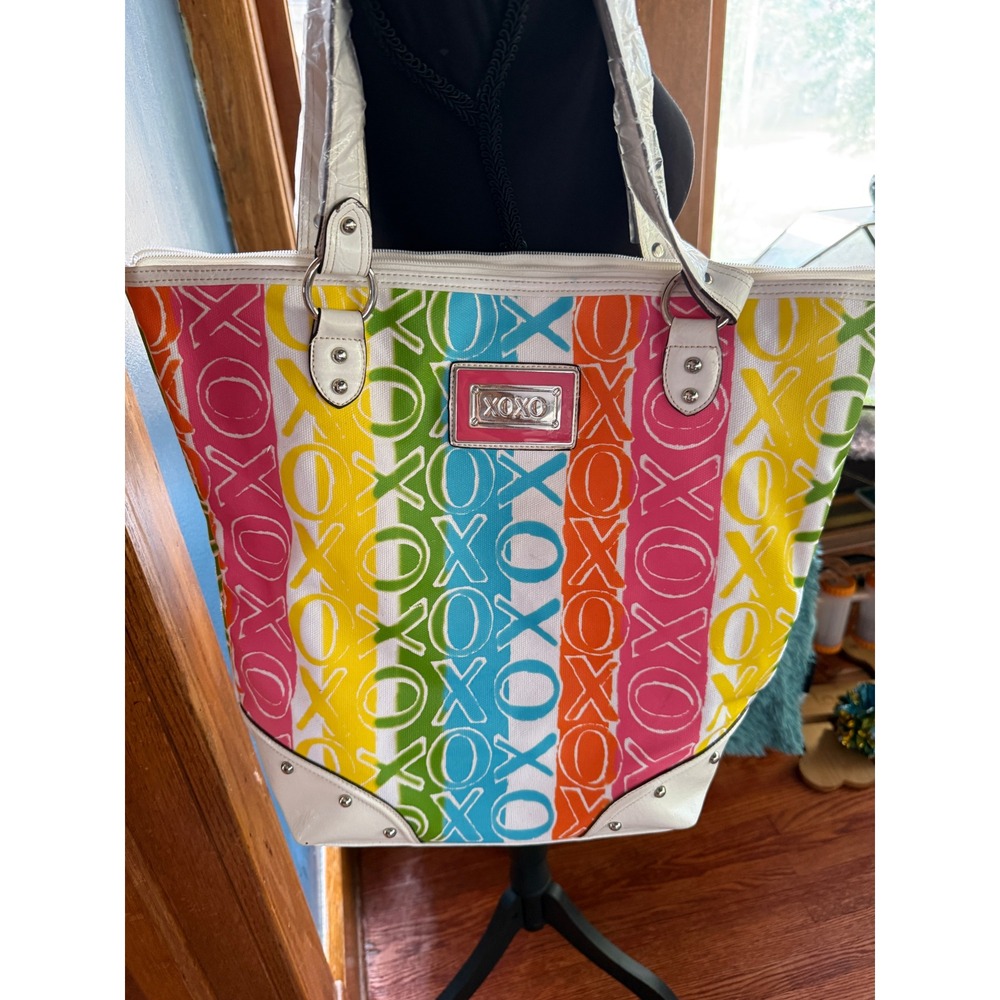 Y2K XOXO Rainbow‎ Stripe Logo Canvas Tote Bag Large Shoulder Bag Bold 90s